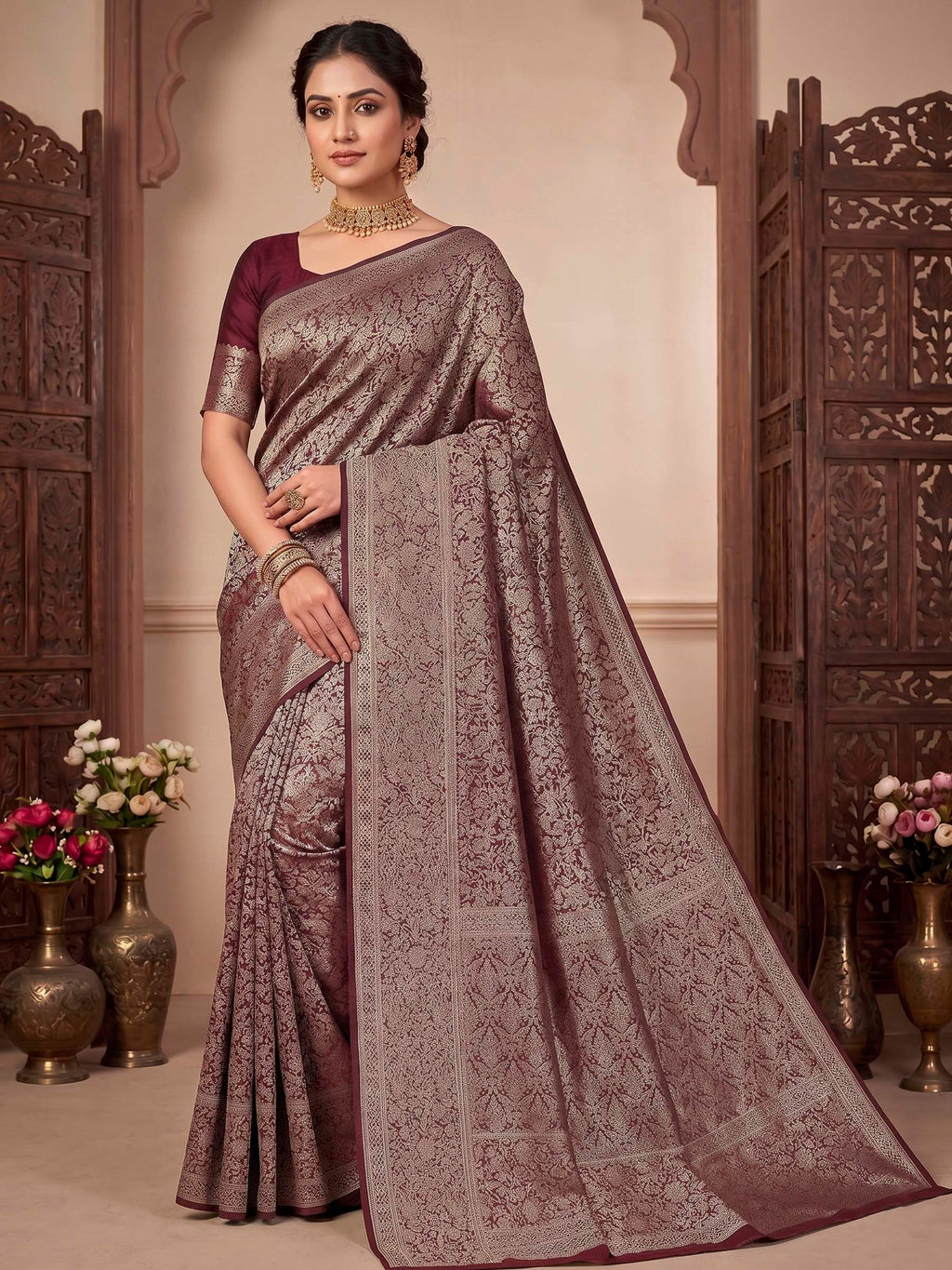 Wine Woven Design Art Silk Kanjivaram Saree