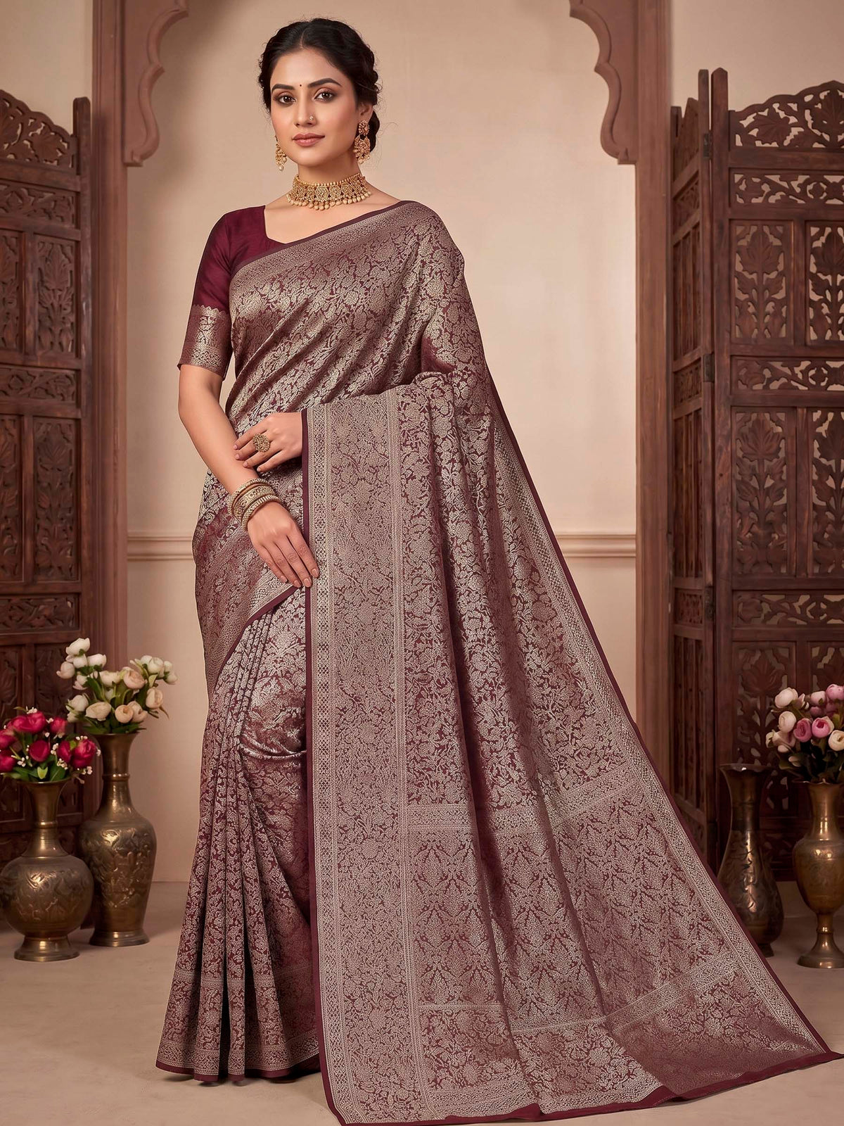 Wine Woven Design Art Silk Kanjivaram Saree
