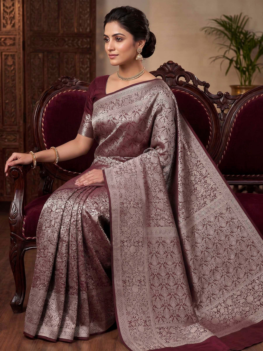 Wine Woven Design Art Silk Kanjivaram Saree