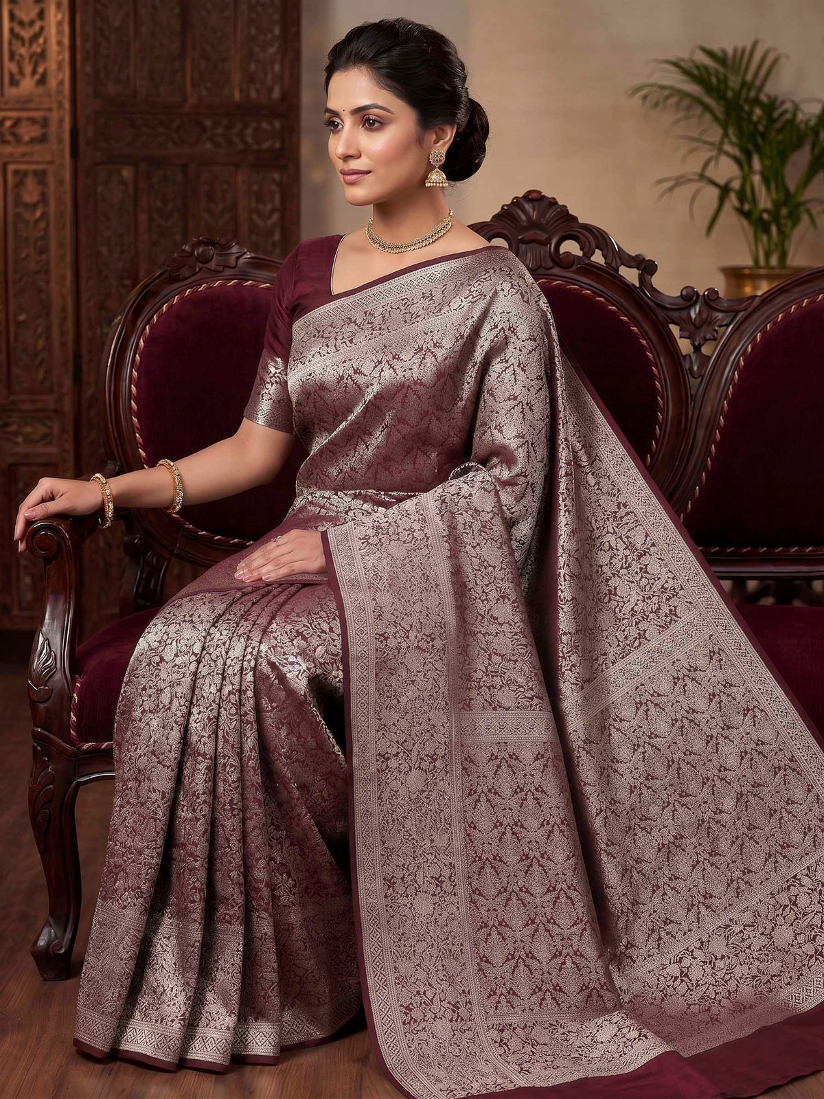 Wine Woven Design Art Silk Kanjivaram Saree