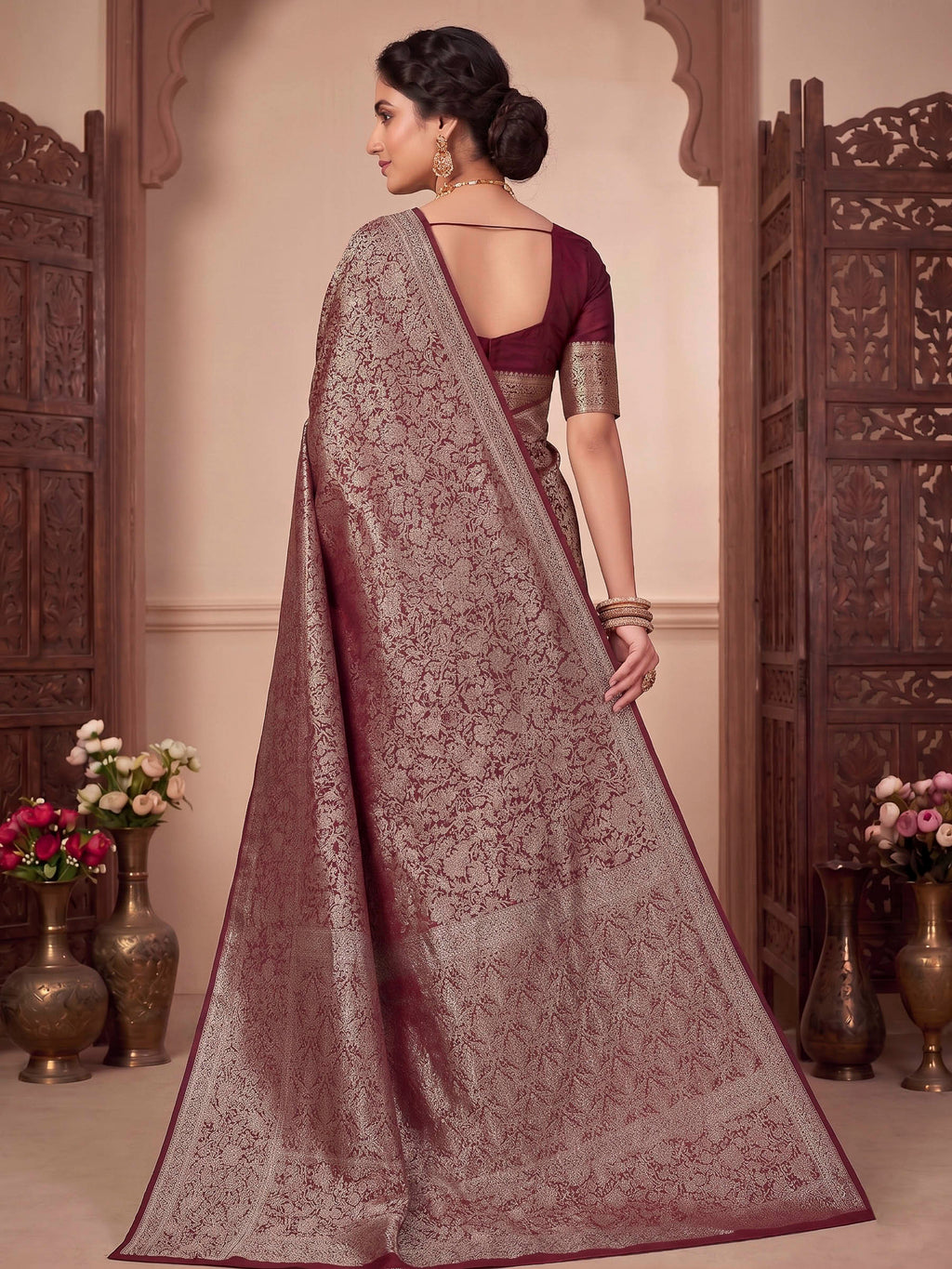 Wine Woven Design Art Silk Kanjivaram Saree