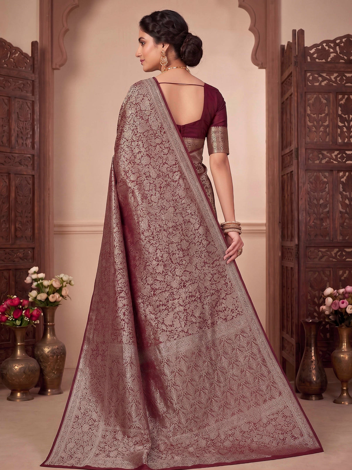 Wine Woven Design Art Silk Kanjivaram Saree