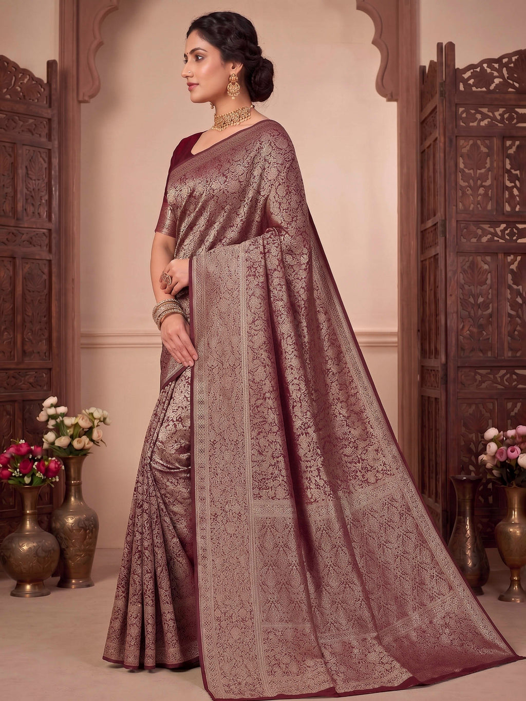 Wine Woven Design Art Silk Kanjivaram Saree