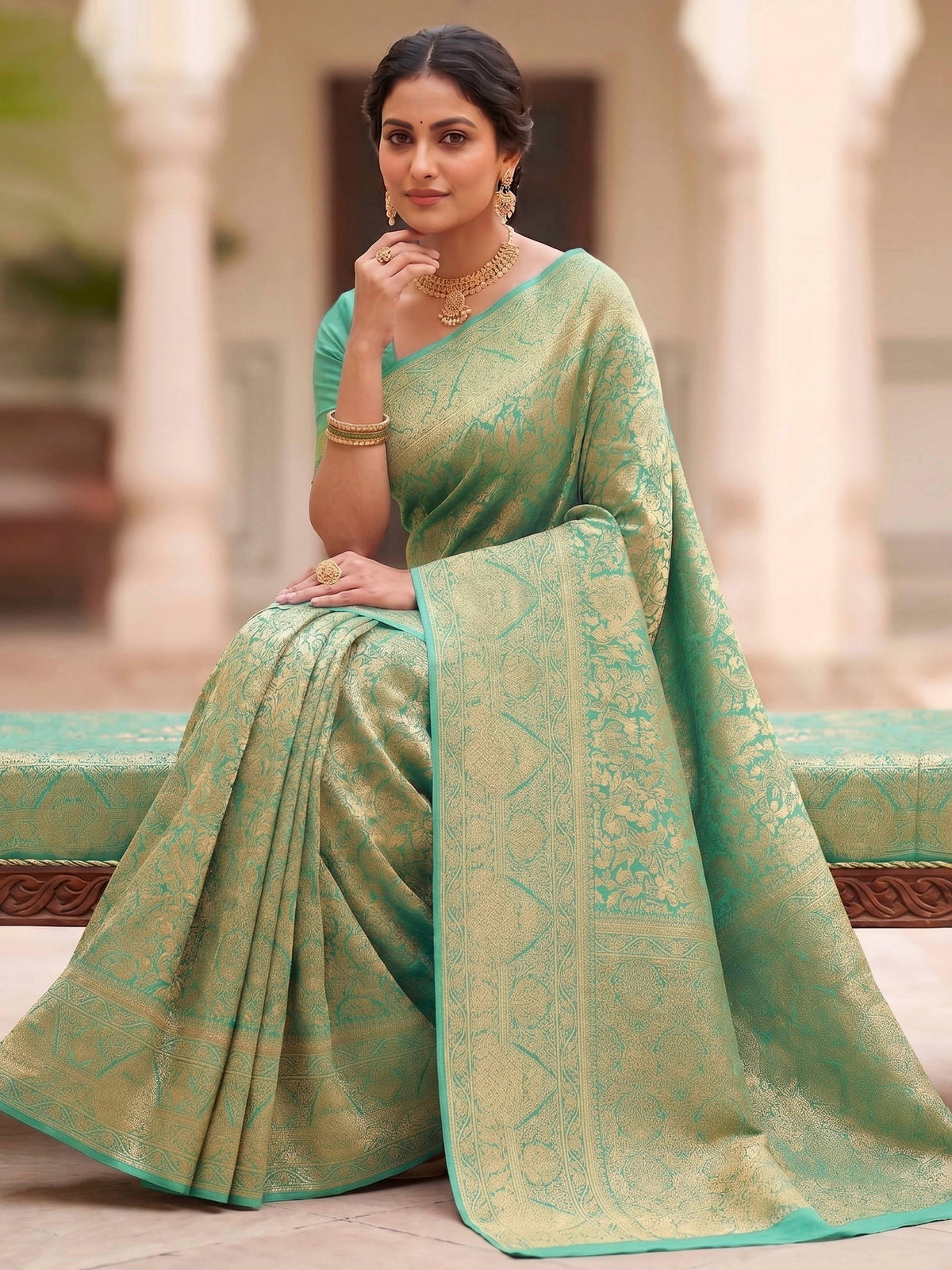 Sea Green Woven Design Art Silk Kanjivaram Saree