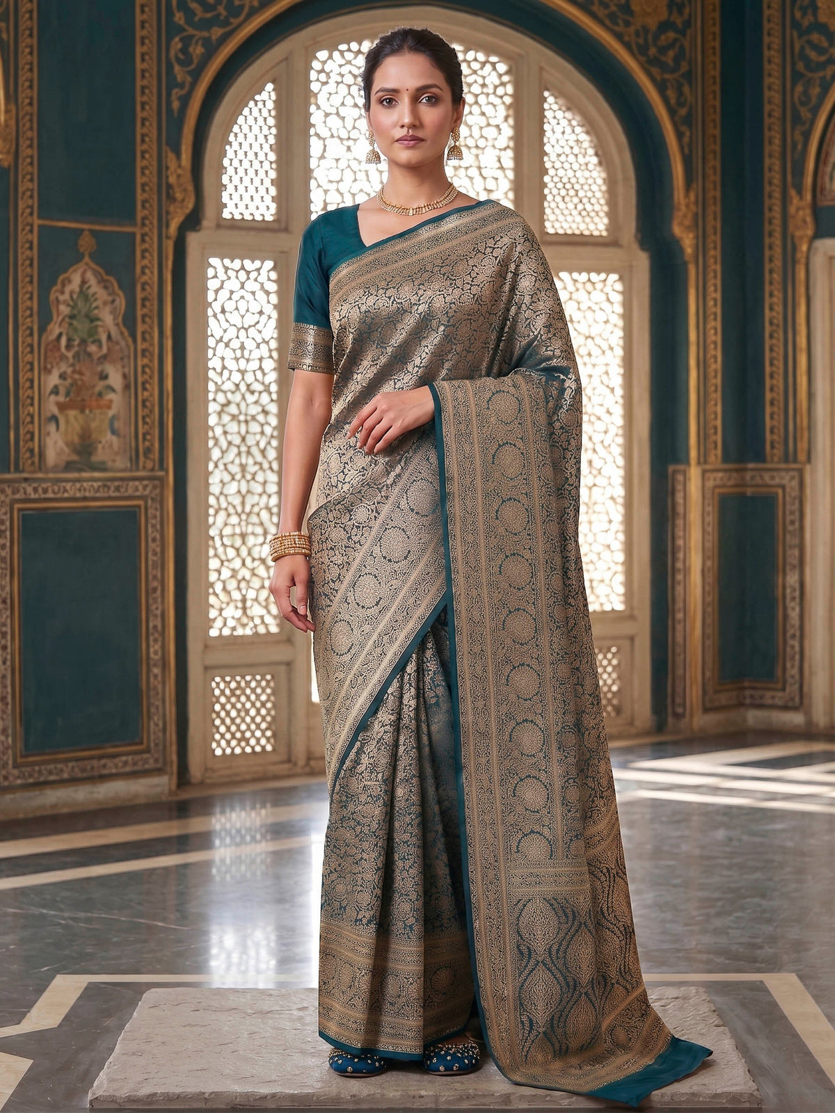 Peacock Blue Woven Design Art Silk Kanjivaram Saree