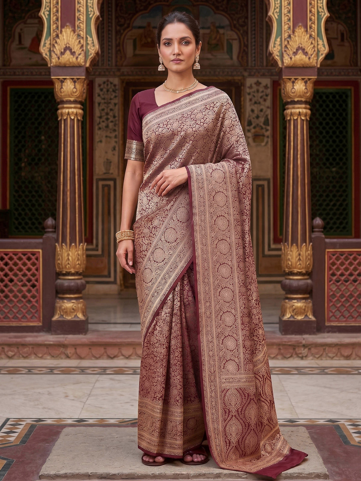 Wine Woven Design Art Silk Kanjivaram Saree