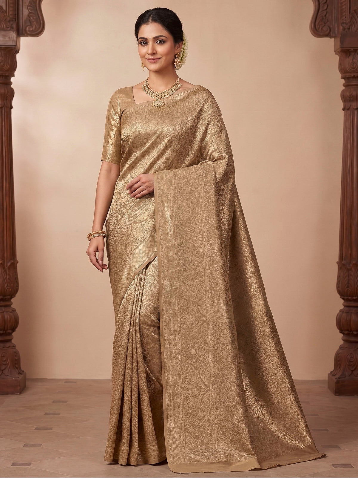 Beige Woven Design Art Silk Kanjivaram Saree