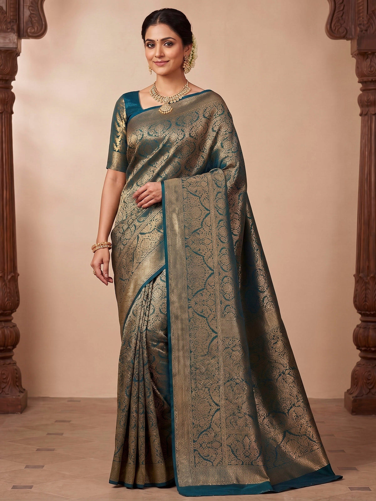 Dark Blue Woven Design Art Silk Kanjivaram Saree