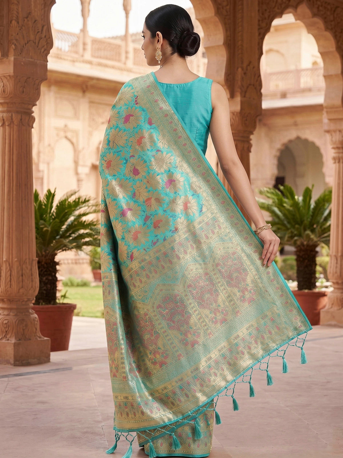Peacock Blue Woven Design Art Silk Kanjivaram Saree