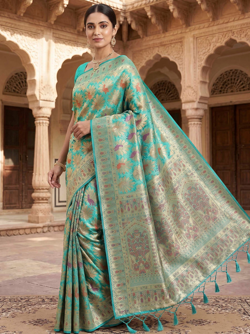 Peacock Blue Woven Design Art Silk Kanjivaram Saree