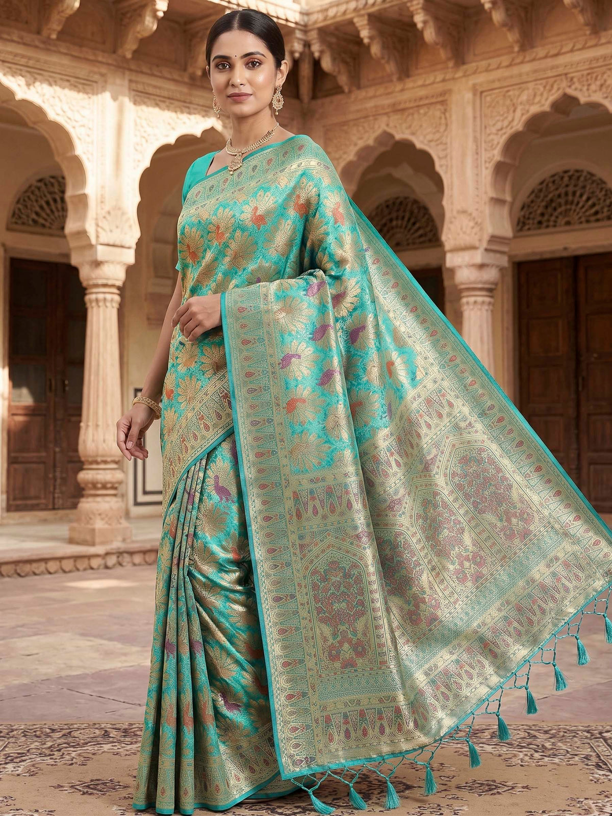 Peacock Blue Woven Design Art Silk Kanjivaram Saree