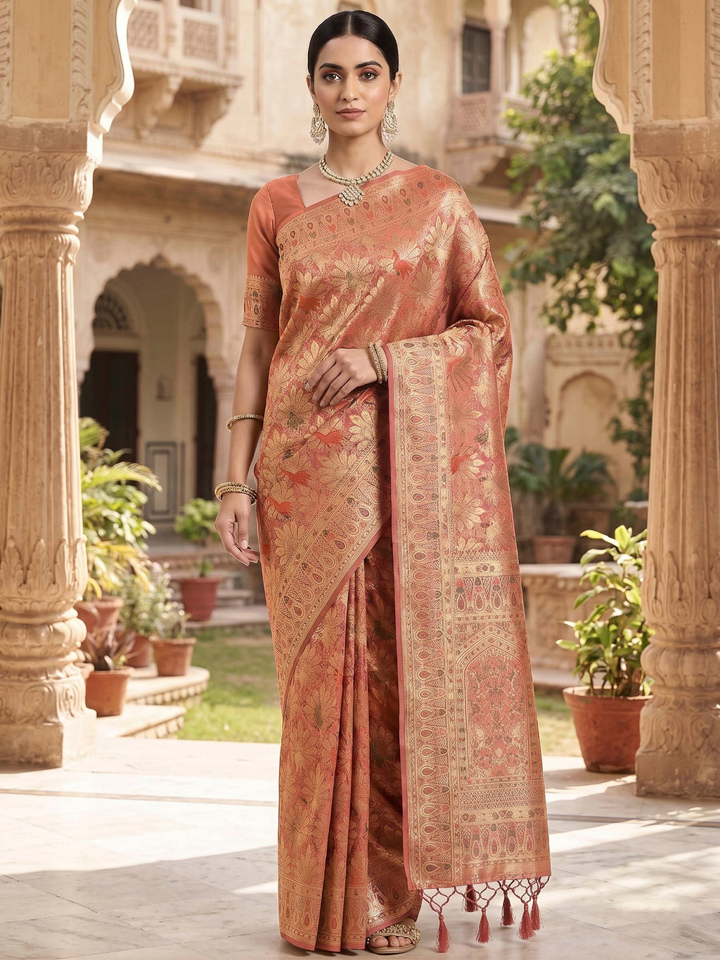 Peach Woven Design Art Silk Kanjivaram Saree