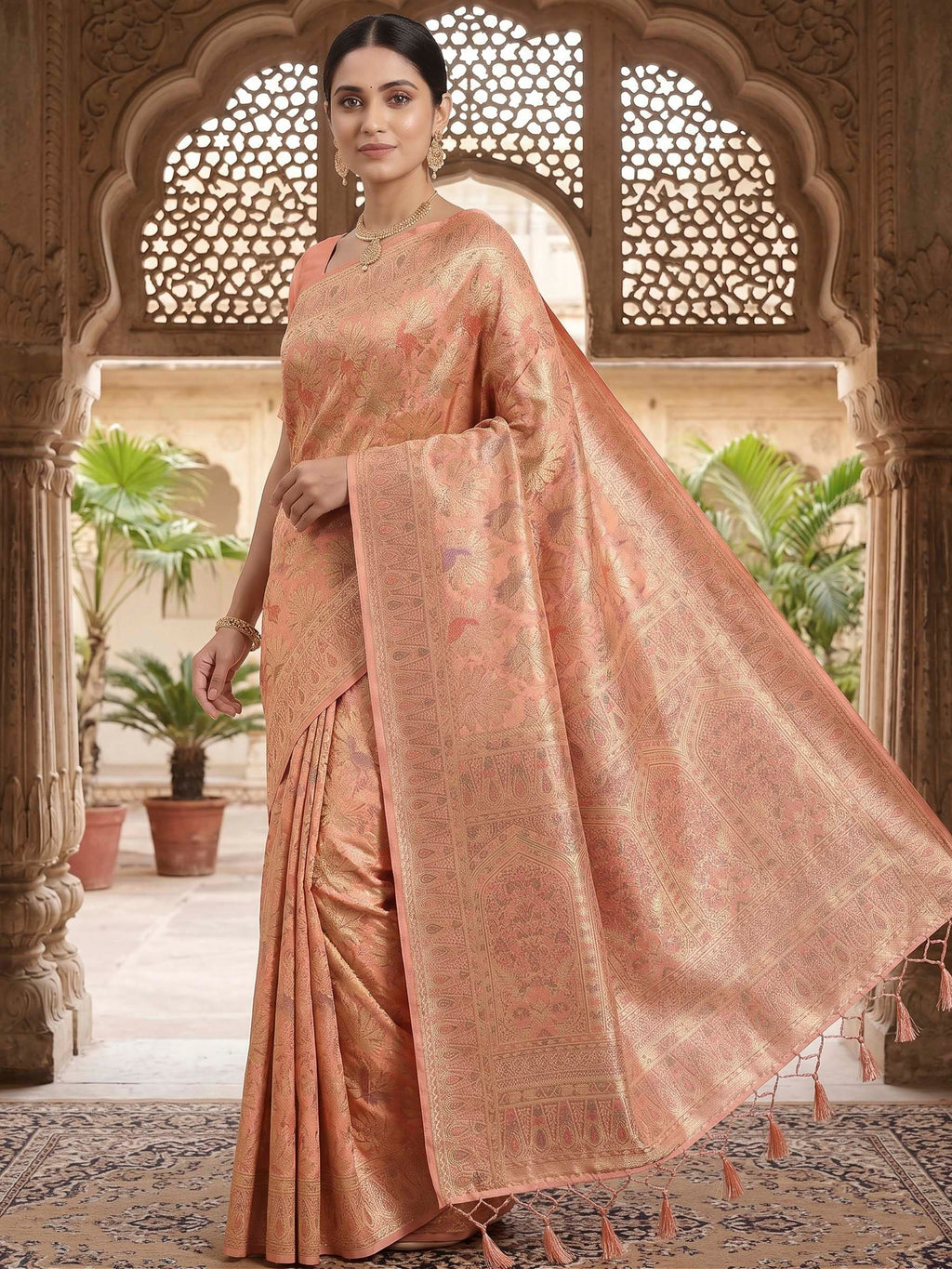 Peach Woven Design Art Silk Kanjivaram Saree