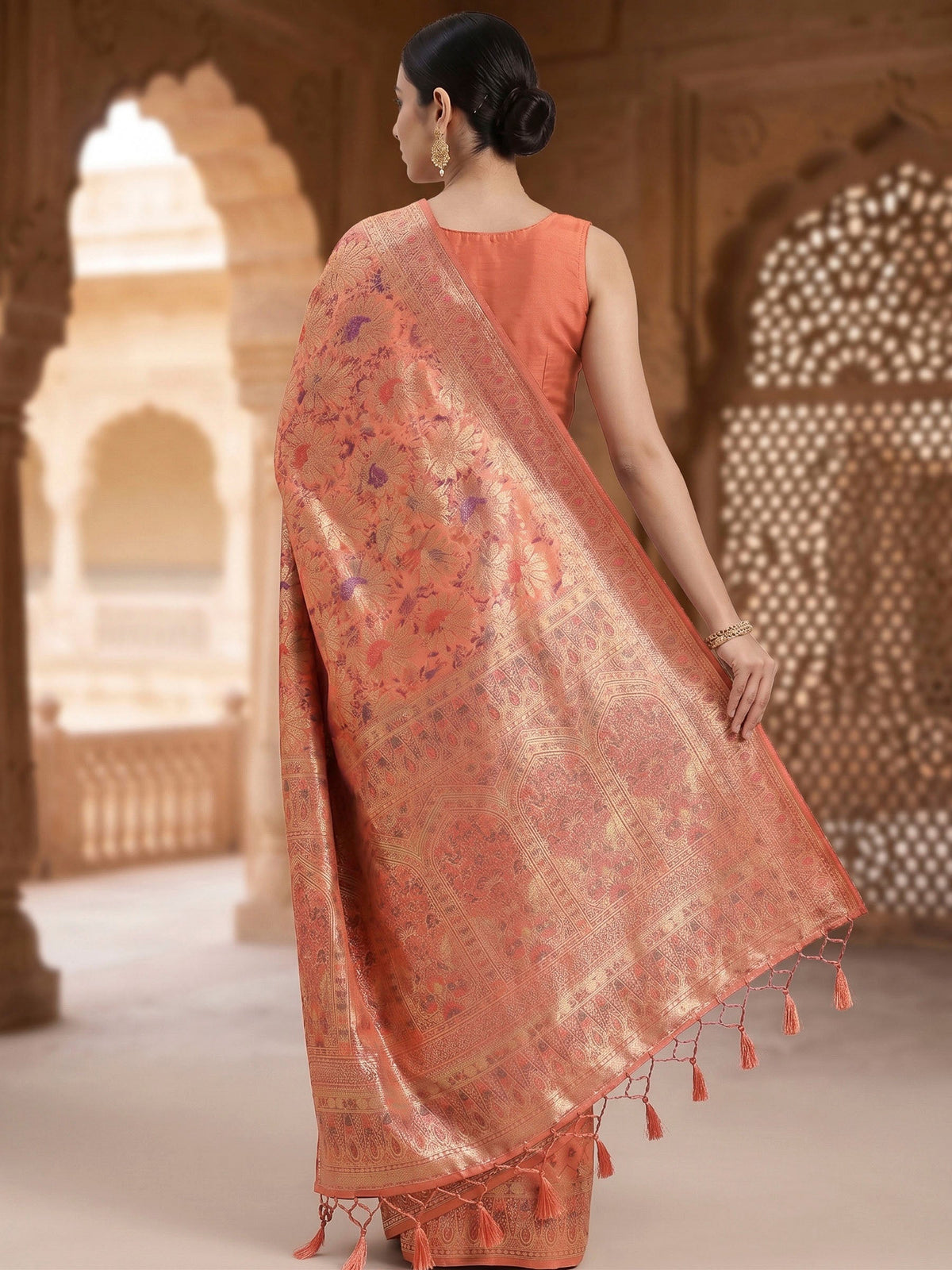 Peach Woven Design Art Silk Kanjivaram Saree