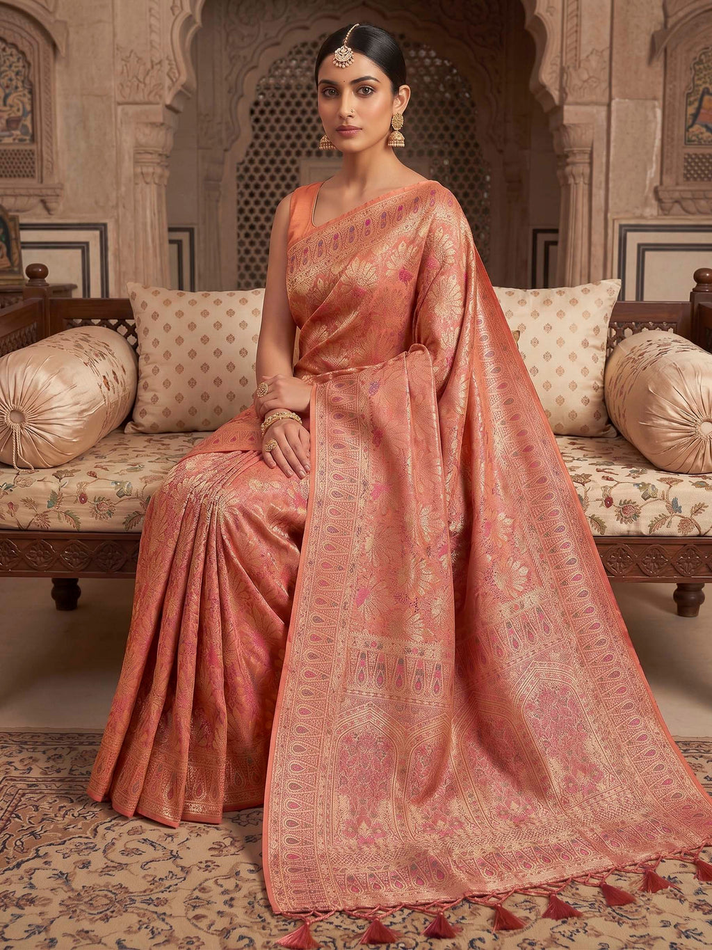 Peach Woven Design Art Silk Kanjivaram Saree