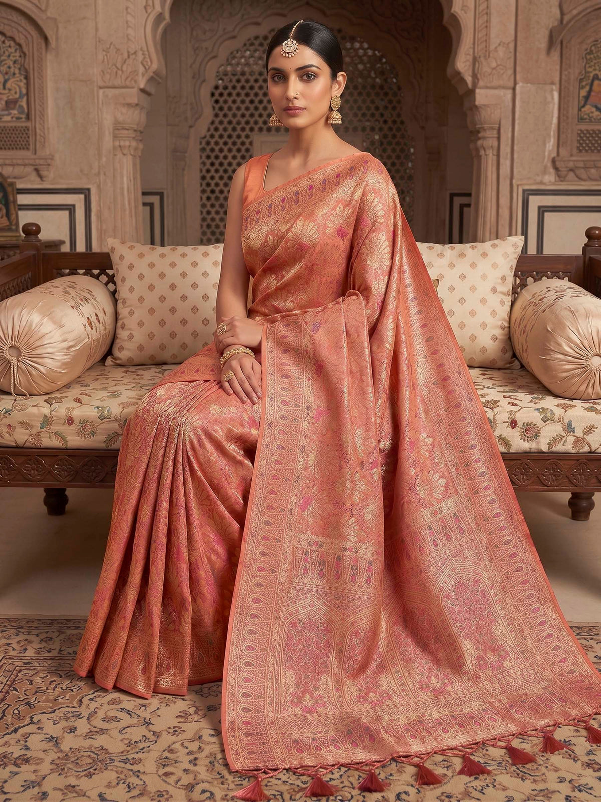 Peach Woven Design Art Silk Kanjivaram Saree