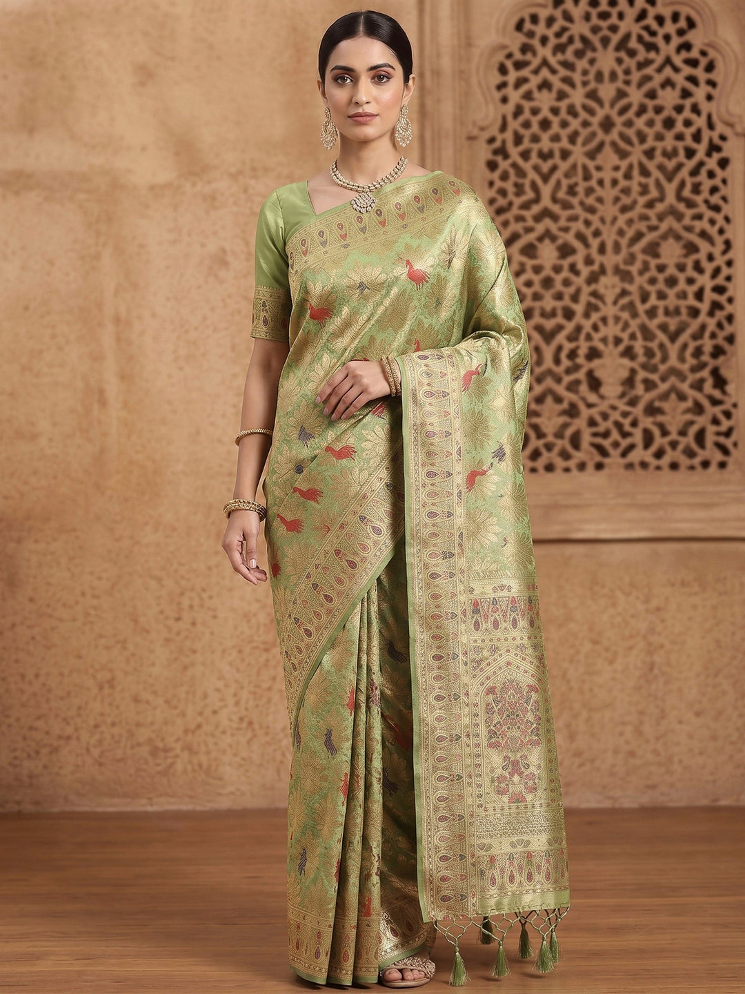 Pista Green Woven Design Art Silk Kanjivaram Saree