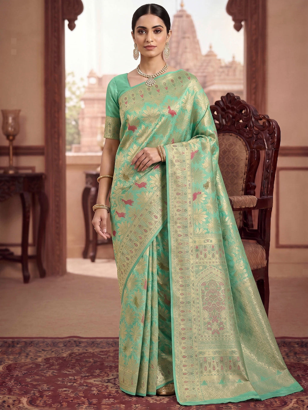 Sea Green Woven Design Art Silk Kanjivaram Saree