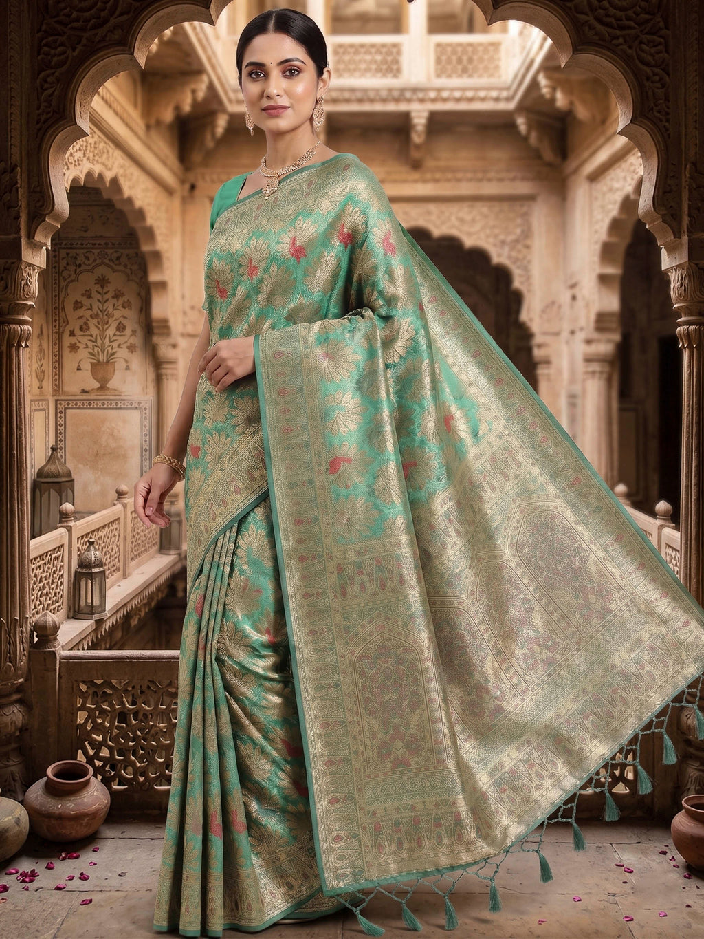Sea Green Woven Design Art Silk Kanjivaram Saree