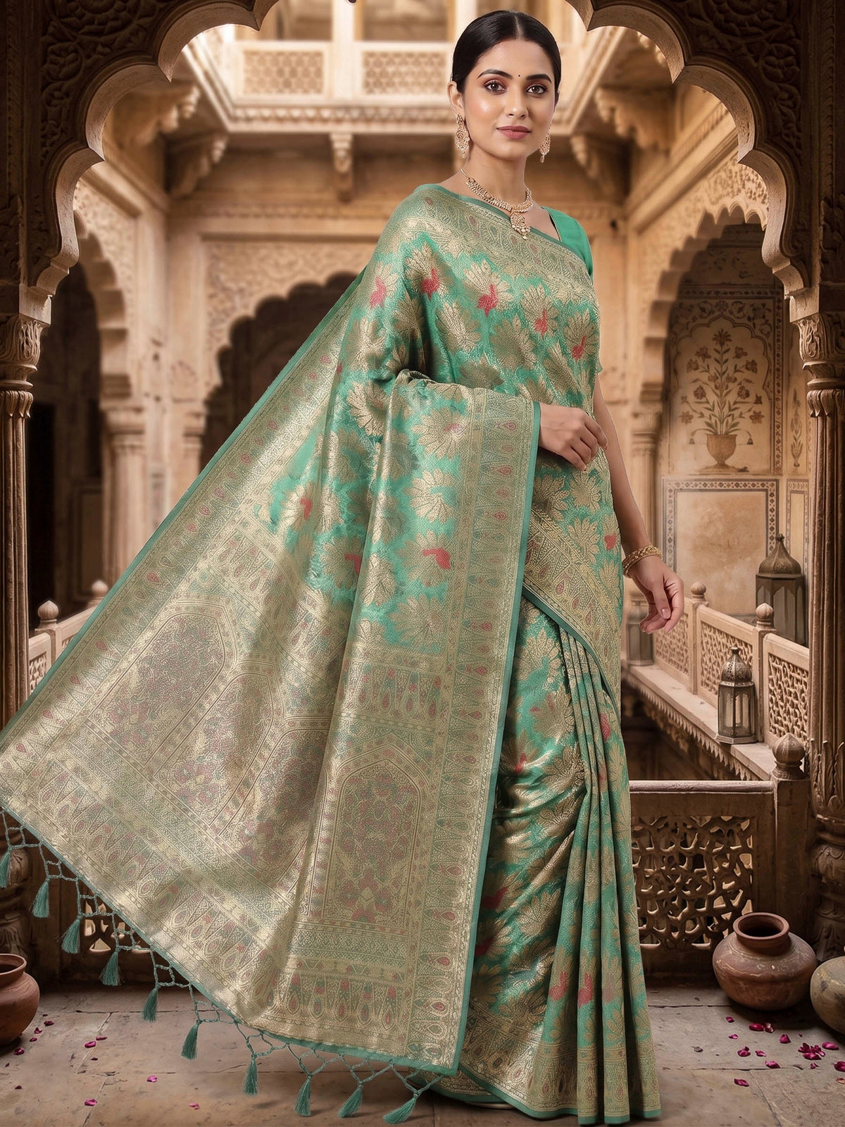 Sea Green Woven Design Art Silk Kanjivaram Saree