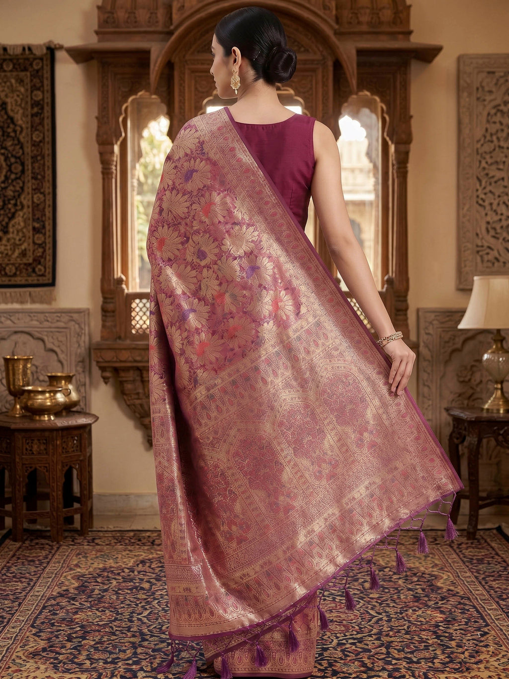 Wine Woven Design Art Silk Kanjivaram Saree