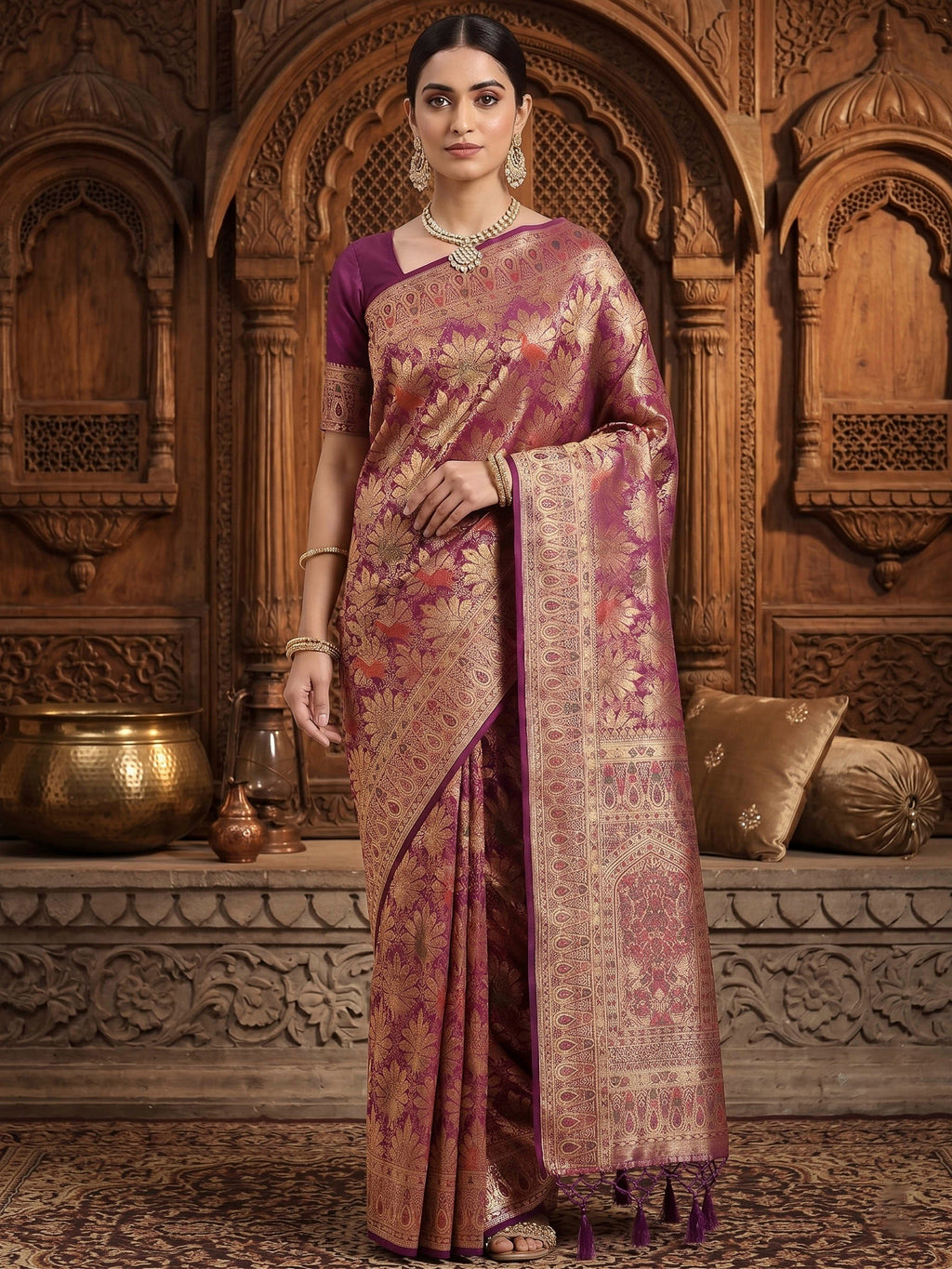 Wine Woven Design Art Silk Kanjivaram Saree
