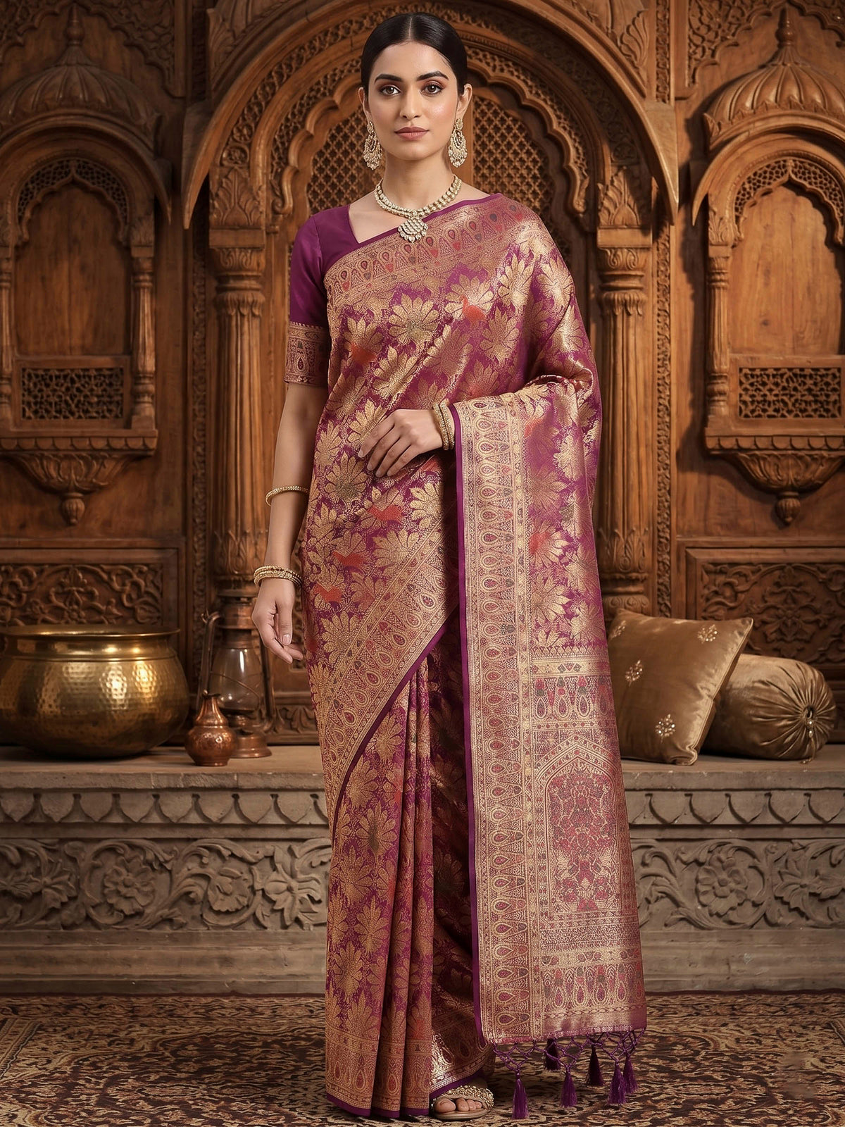 Wine Woven Design Art Silk Kanjivaram Saree