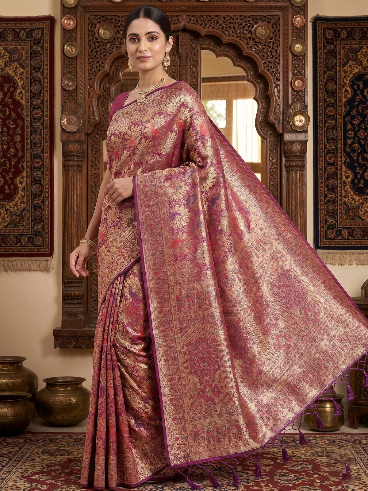 Wine Woven Design Art Silk Kanjivaram Saree