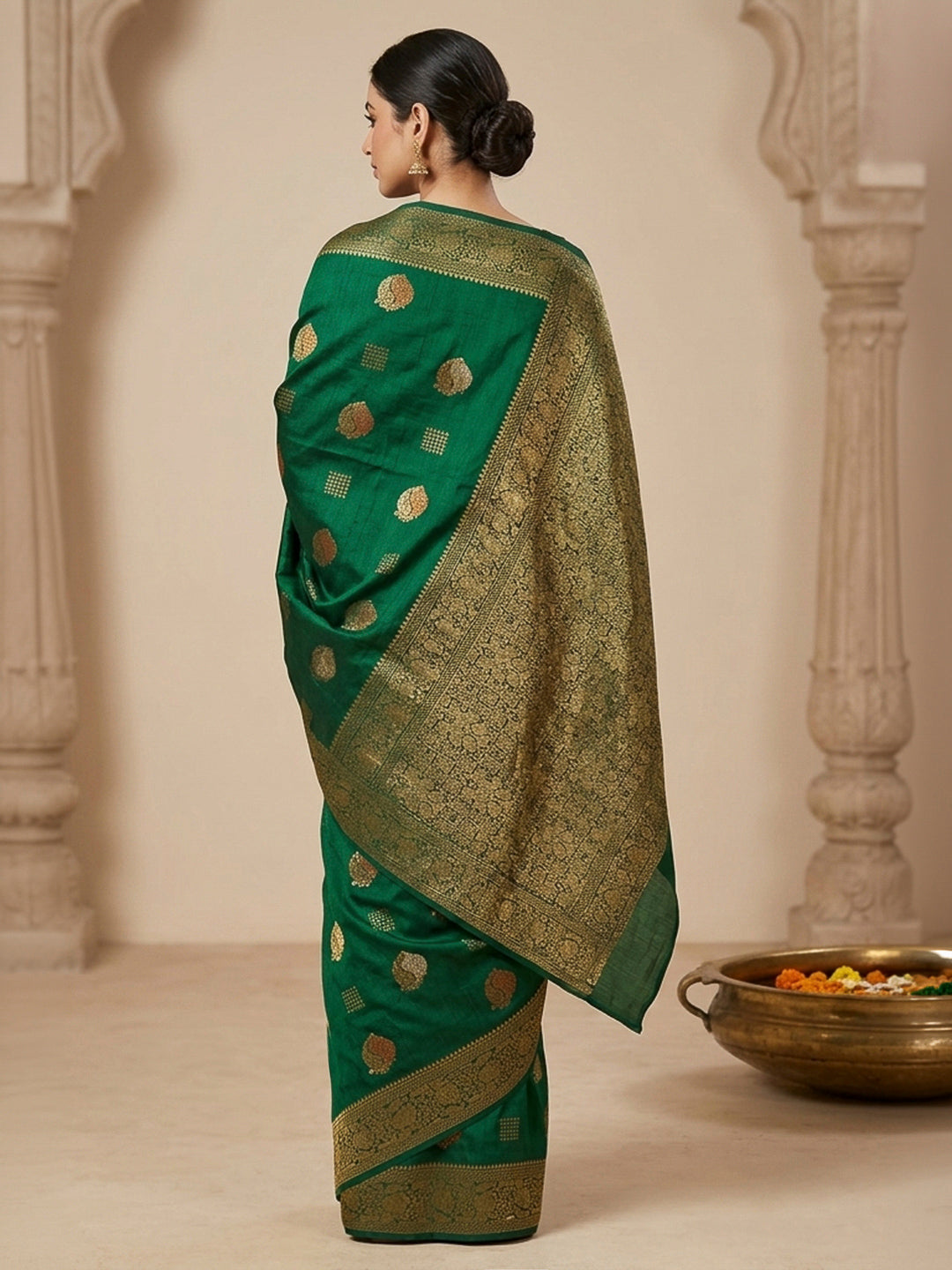 Dull Green Woven Design Dola Silk Saree