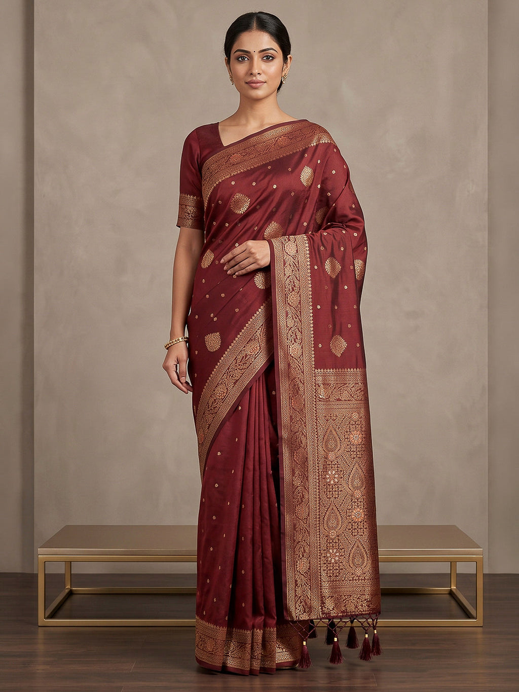 Maroon Woven Design Dola Silk Saree