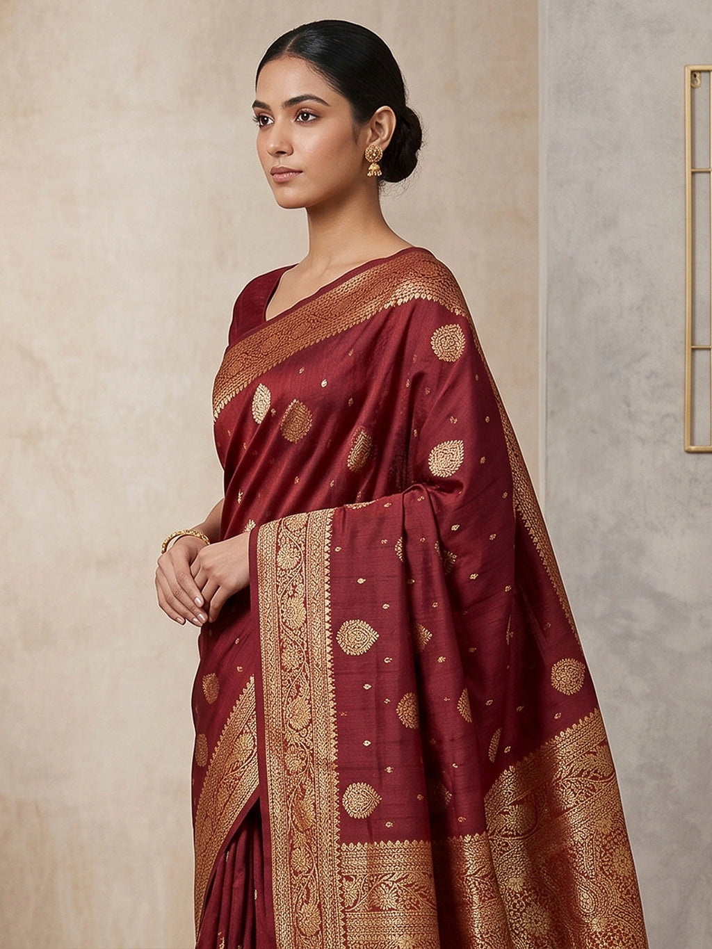 Maroon Woven Design Dola Silk Saree