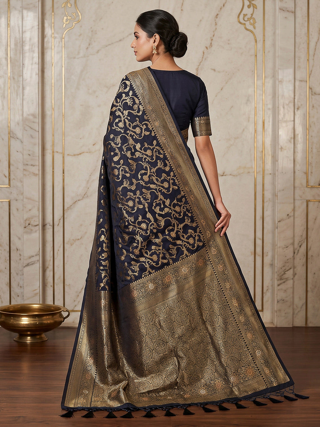 Navy Blue Woven Design Dola Silk Saree
