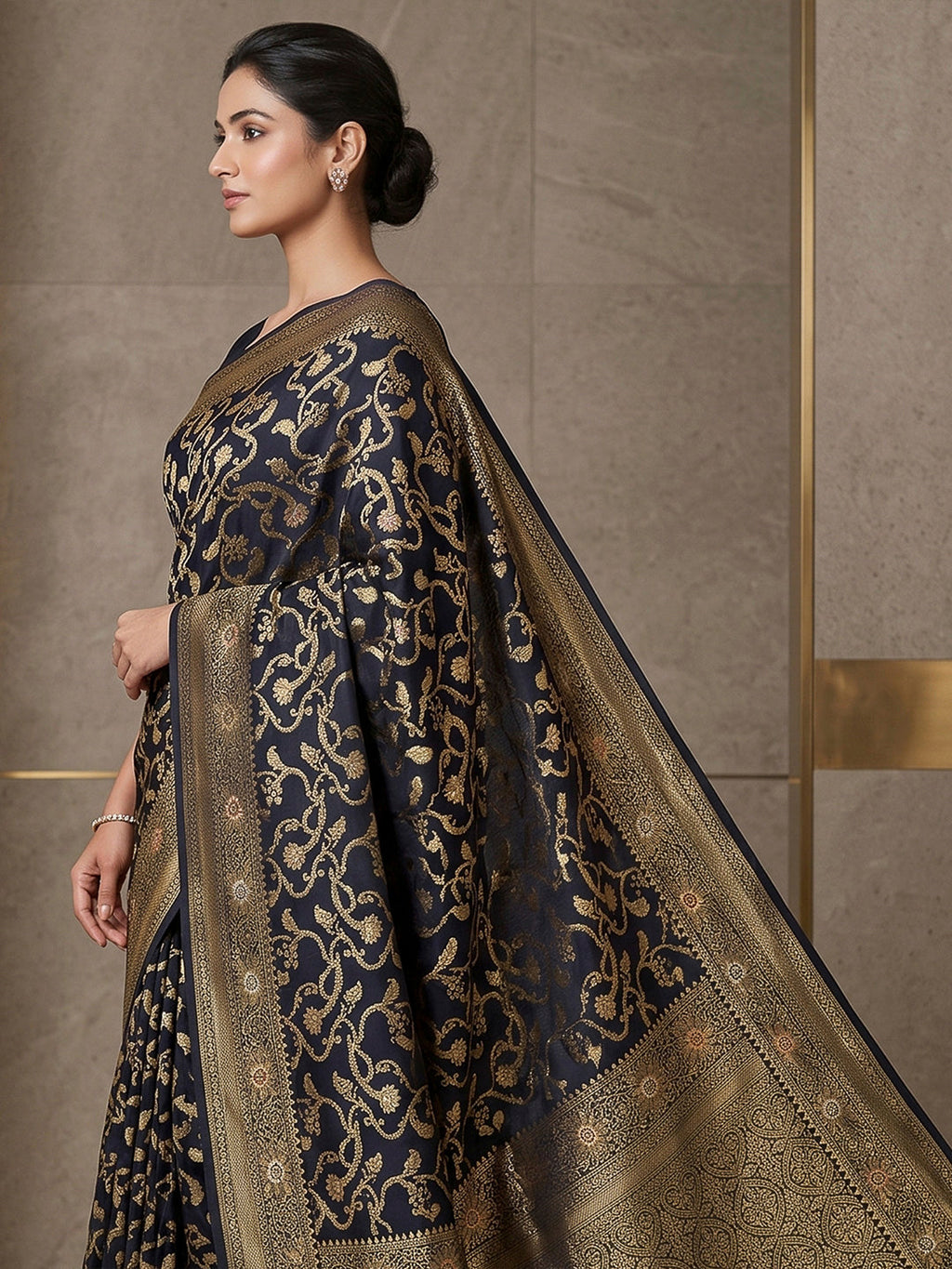 Navy Blue Woven Design Dola Silk Saree