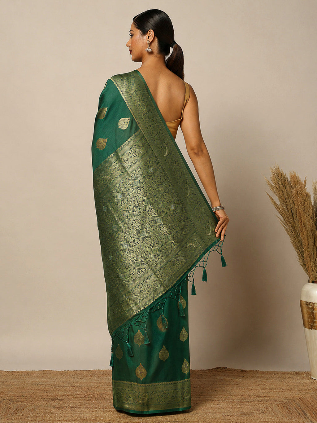 Dull Green Woven Design Dola Silk Saree