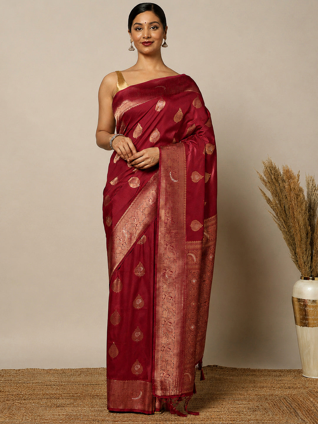 Maroon Woven Design Dola Silk Saree
