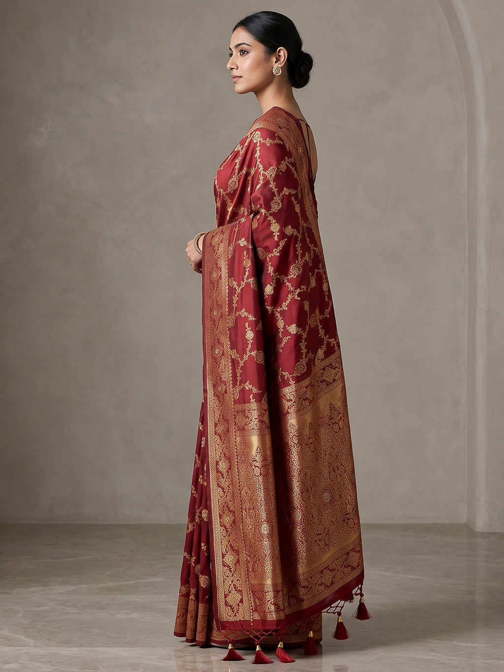 Maroon Woven Design Dola Silk Saree