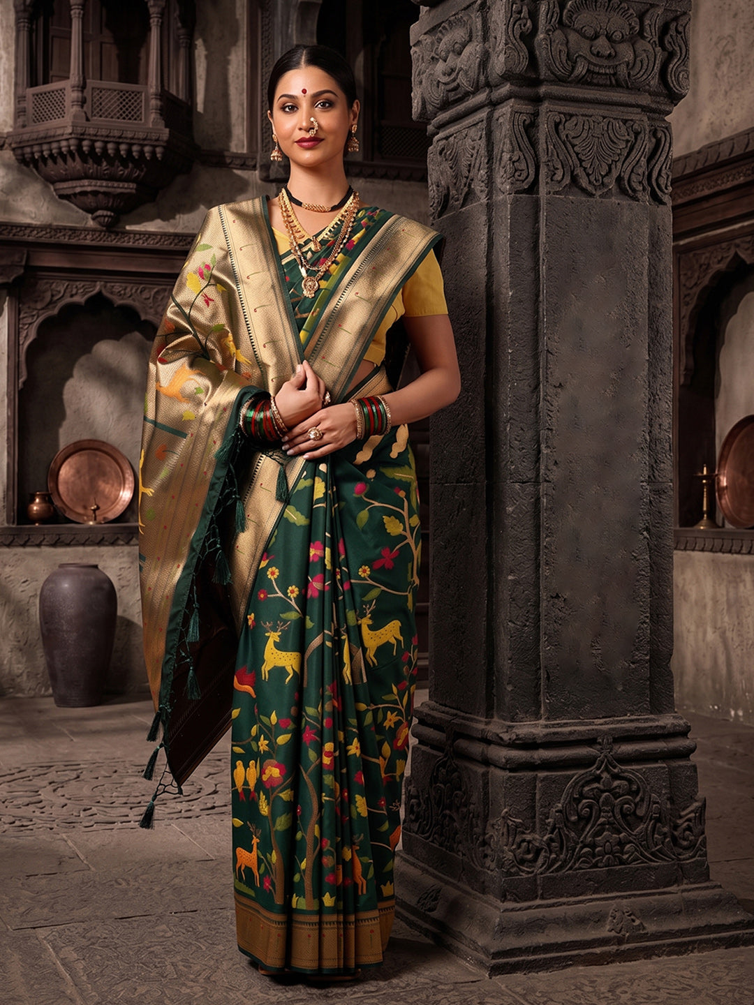 Dark Green Woven Design Dola Silk Saree