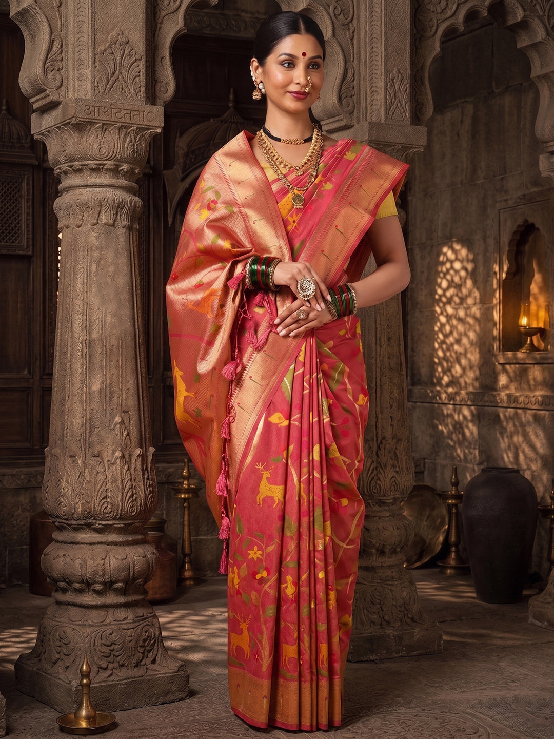 Peach Woven Design Dola Silk Saree