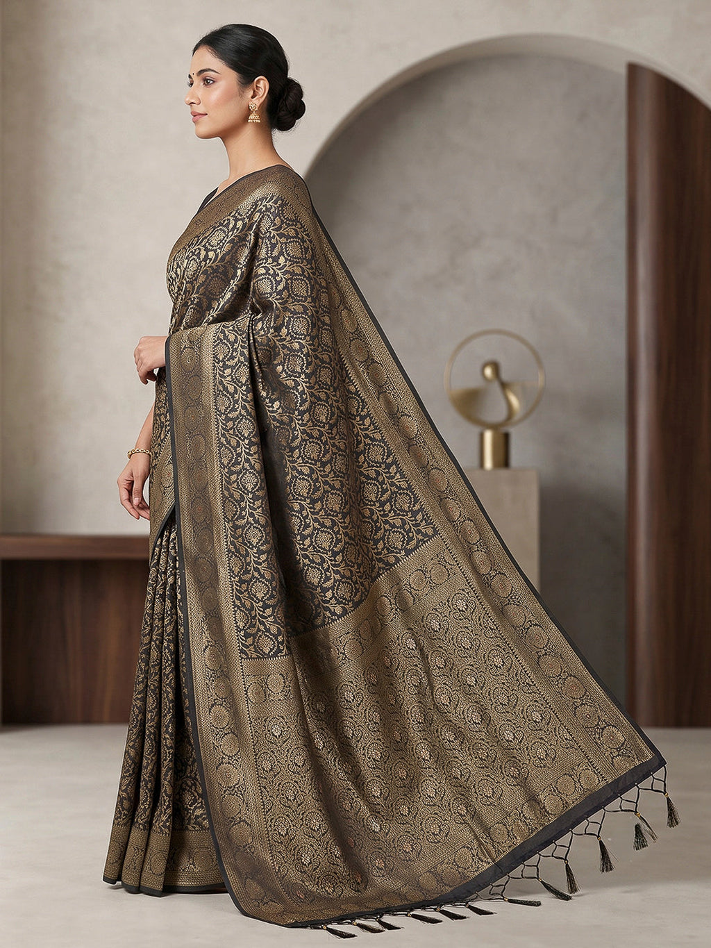 Black Woven Design Dola Silk Saree