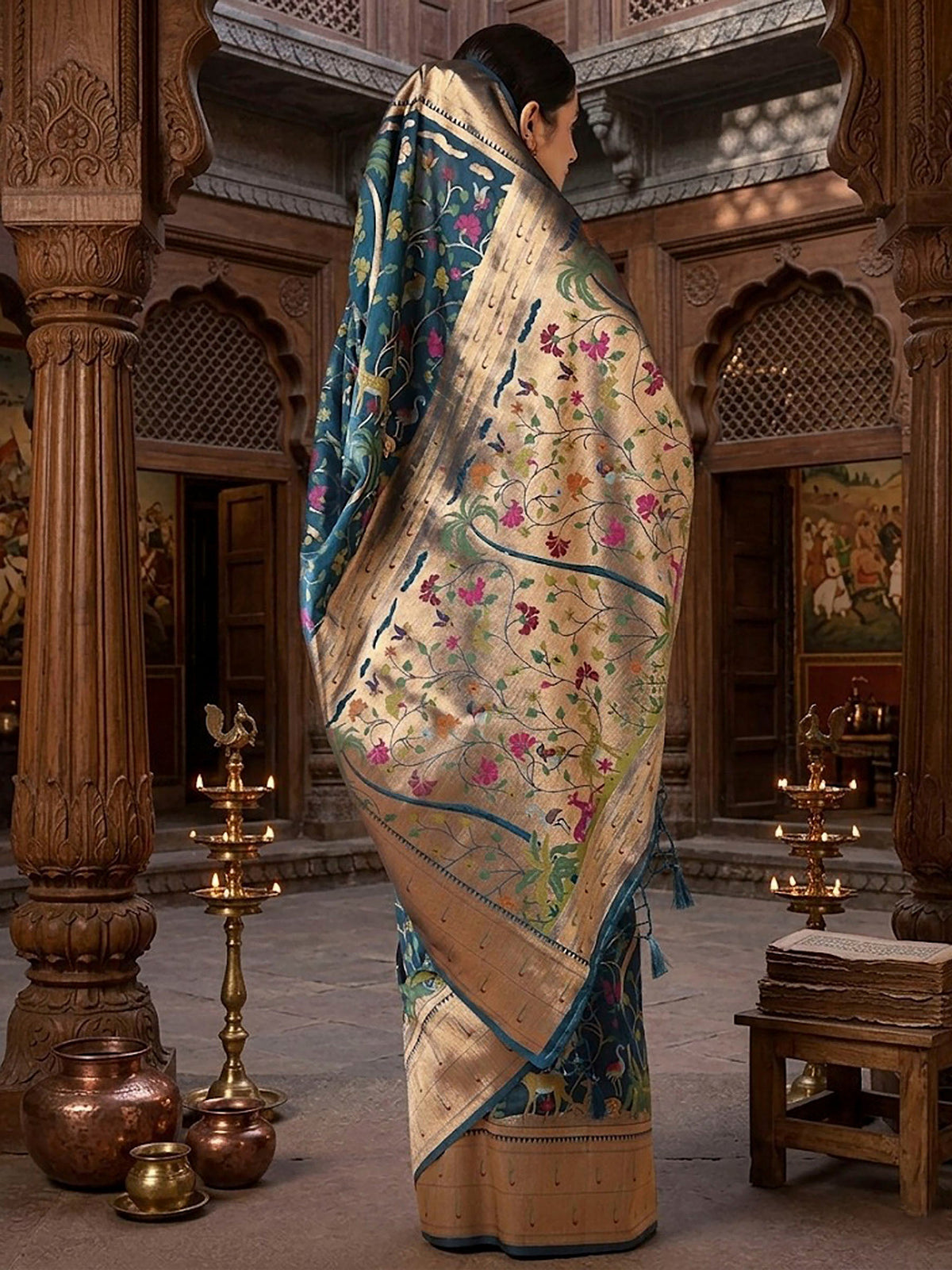 Dark Blue Woven Design Dola Silk Saree
