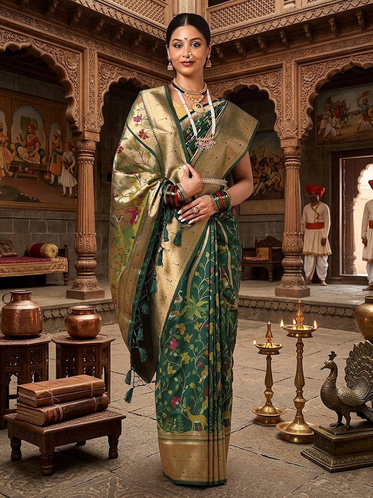 Dark Green Woven Design Dola Silk Saree