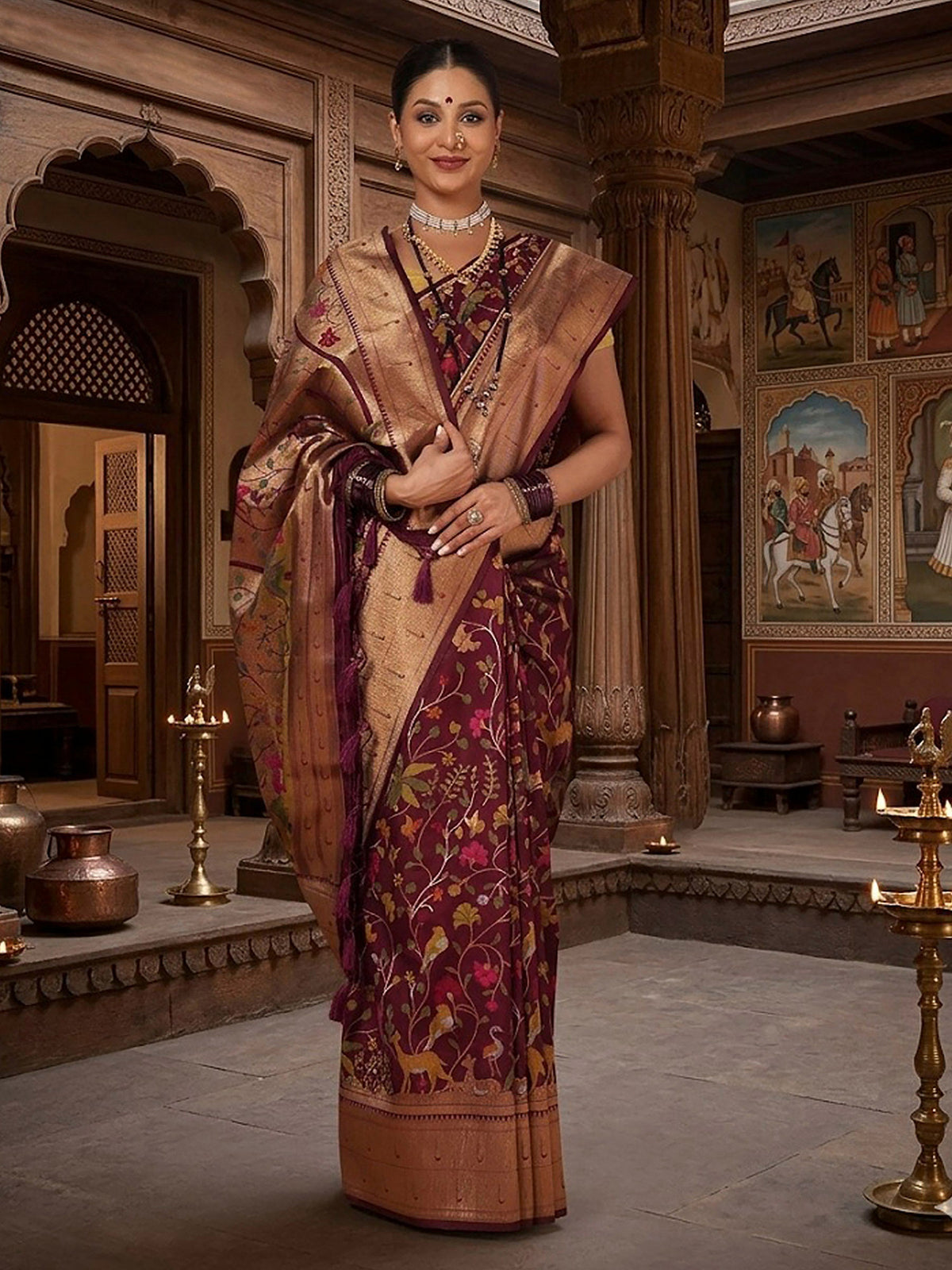Wine Woven Design Dola Silk Saree
