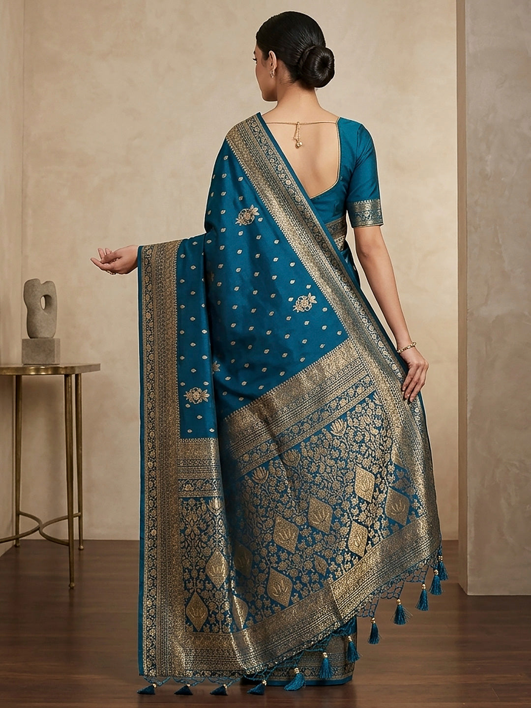 Peacock Blue Woven Design Dola Silk Saree