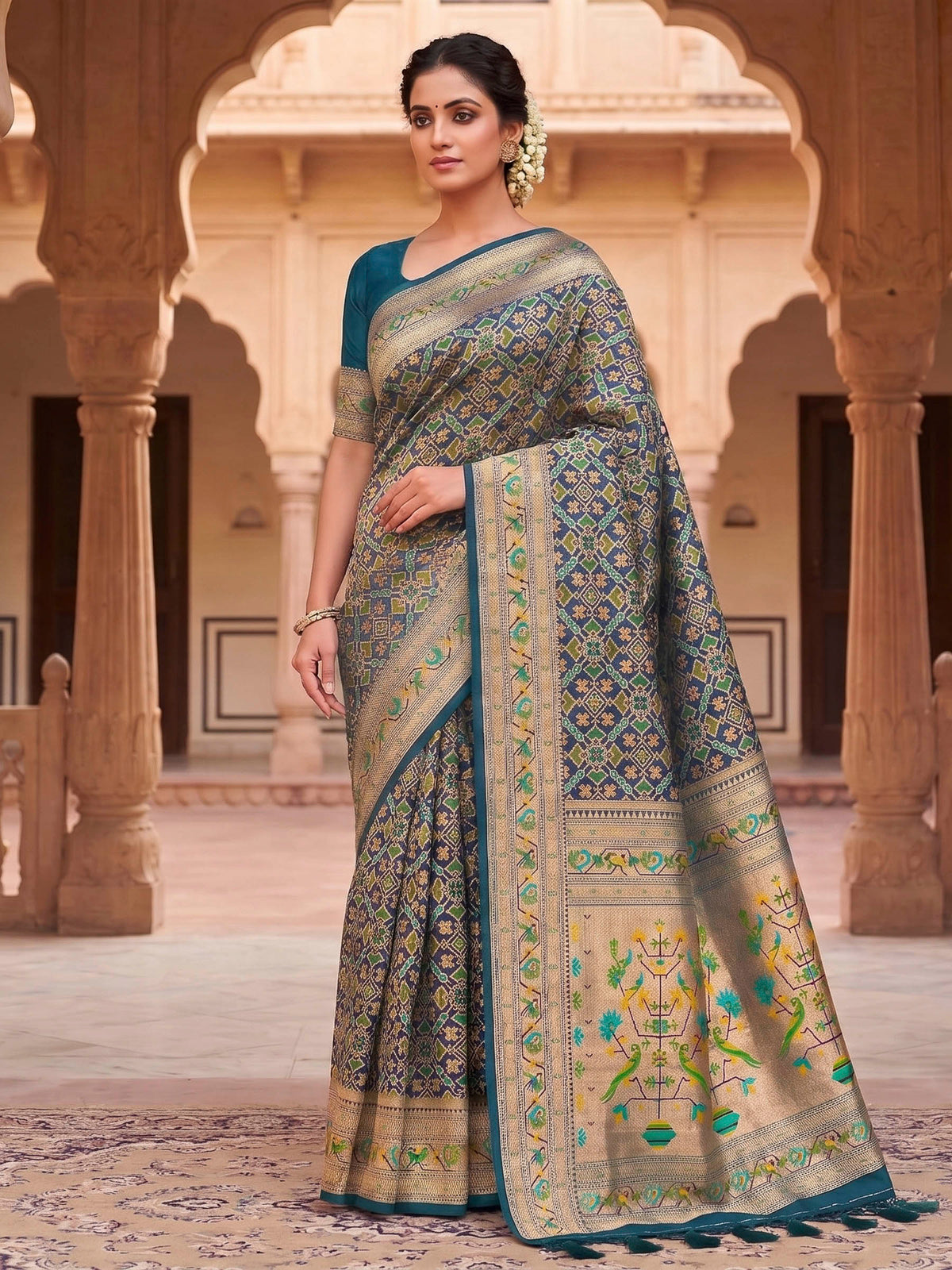 Peacock Blue Woven Design Art Silk Kanjivaram Saree