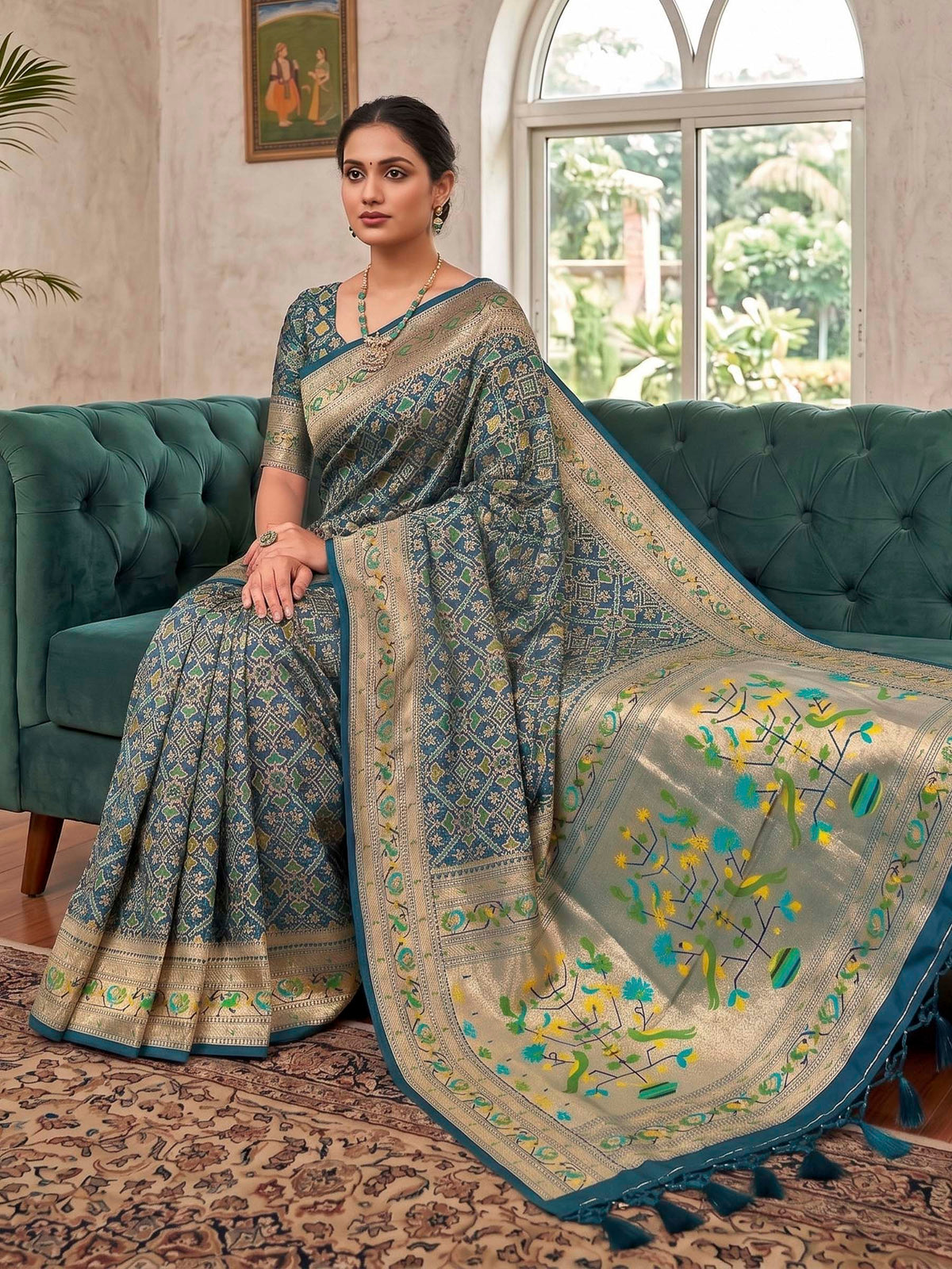 Peacock Blue Woven Design Art Silk Kanjivaram Saree
