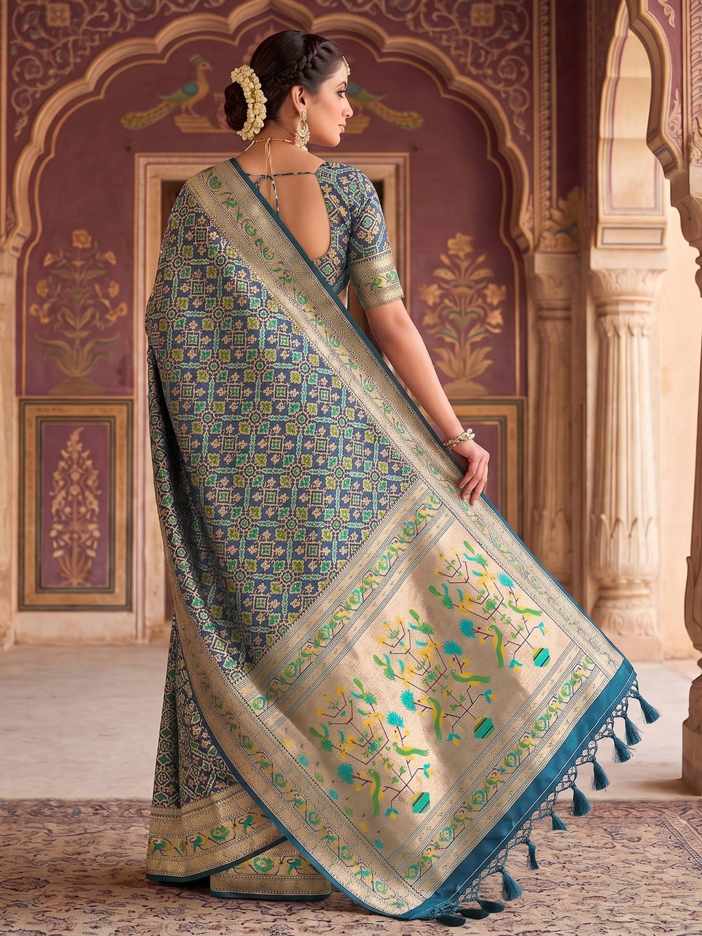 Peacock Blue Woven Design Art Silk Kanjivaram Saree