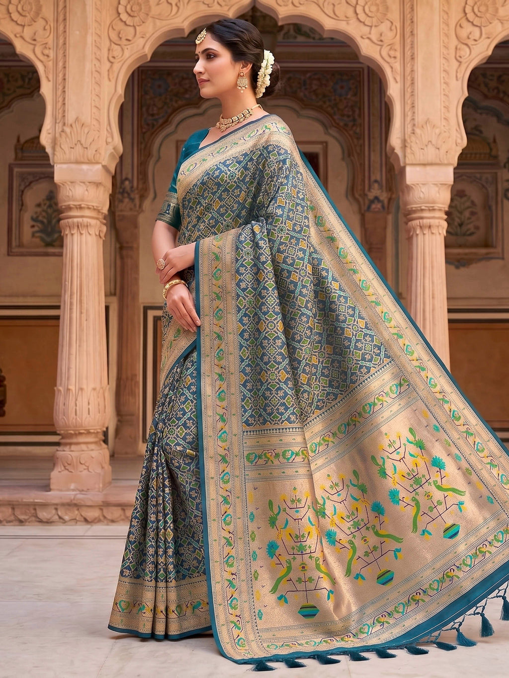 Peacock Blue Woven Design Art Silk Kanjivaram Saree