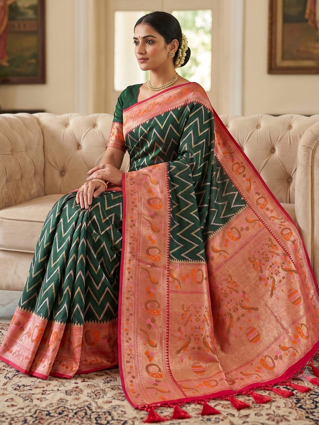 Bottle Green Woven Design Art Silk Kanjivaram Saree