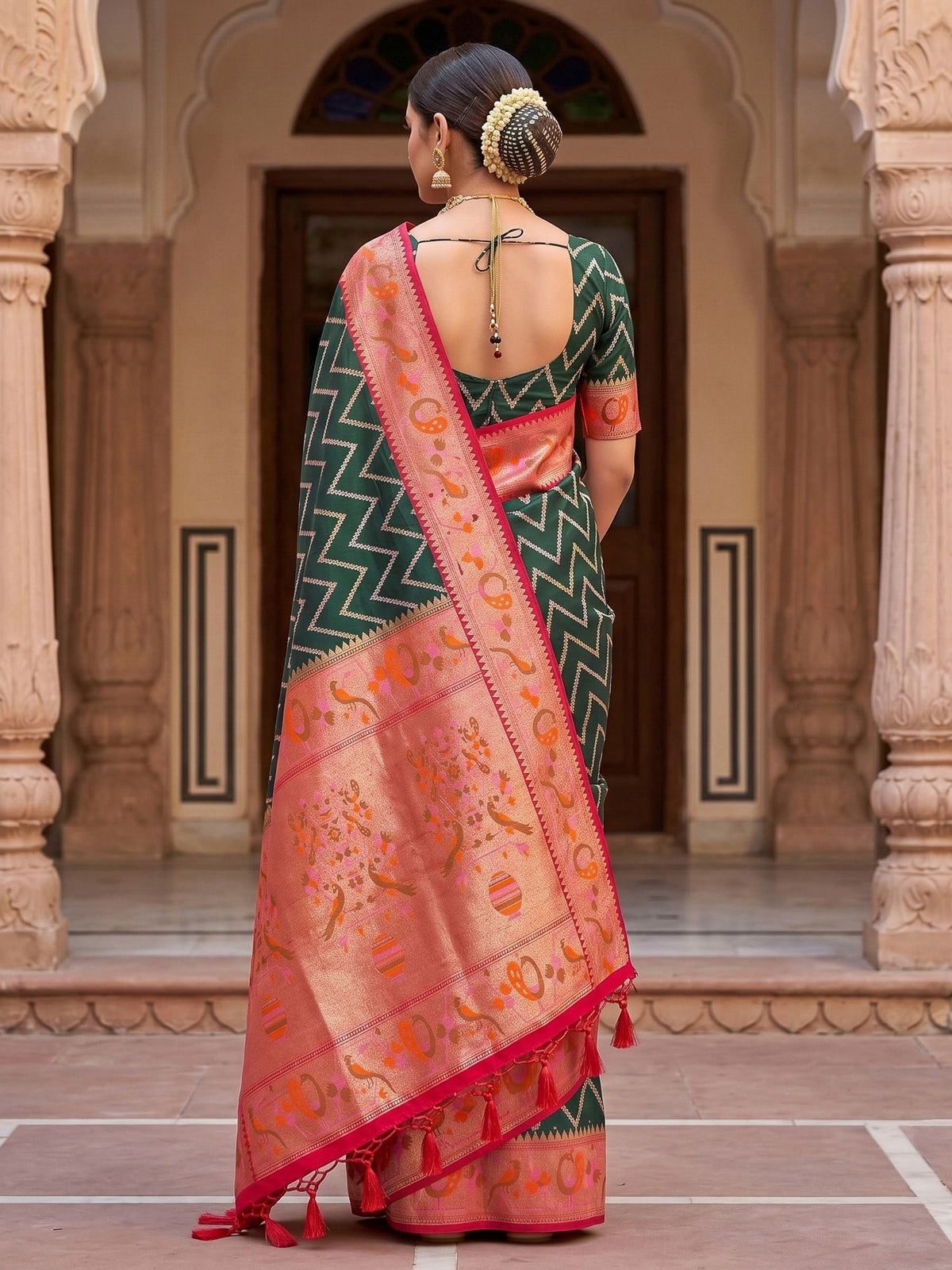 Bottle Green Woven Design Art Silk Kanjivaram Saree