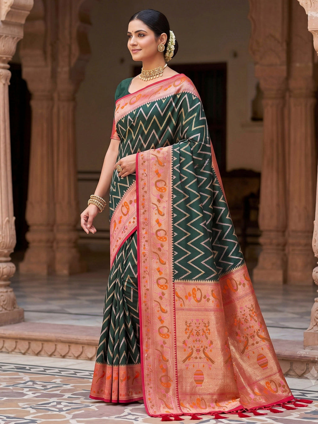 Bottle Green Woven Design Art Silk Kanjivaram Saree